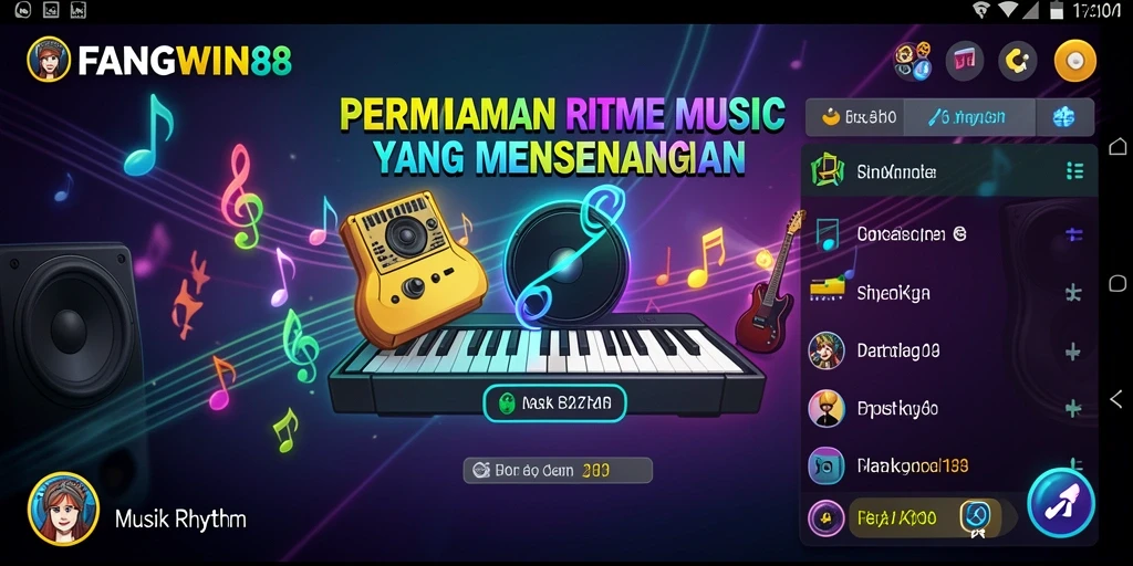 Antarmuka permainan FANGWIN88 dengan warna cerah dan tombol ritme yang mengasyikkan.
